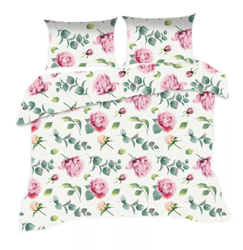 1654N Pościel bawełniana Classic E24 Karo kremowa kwiaty liście– 100% bawełna, trwała, kolorowa, komplet 2-częściowy