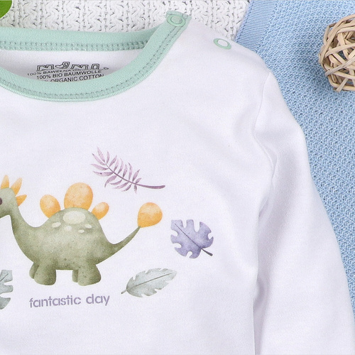 ABN-5565 Dino Explorer Body z bawełny organicznej Nini biały– bawełna organiczna, długi rękaw