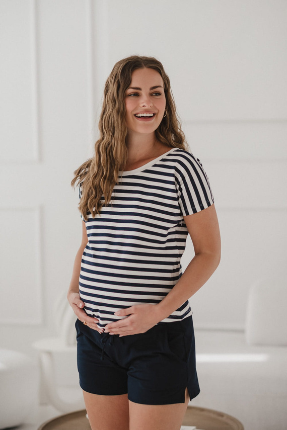 Two Ways Dwustronna bluzka ciążowa i do karmienia | Krótki rękaw, komfortowa Milk&Love granatowo-białe paski