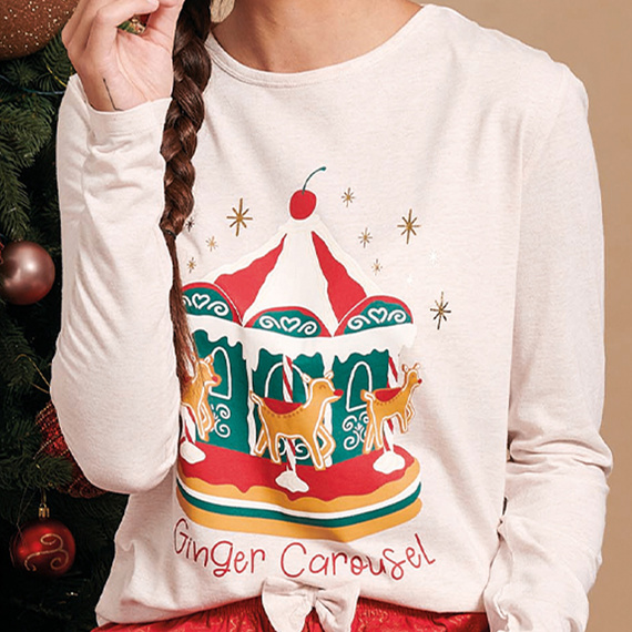 Gretel Piżama damska Sorbetto beżowa – świąteczna, dł. rękaw, nadruk piernika