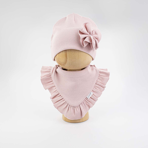 Czapka i Chusta Dziewczęca Nicol 141964 Bawełniana Kwiatek Falbanka- pudrowy róż