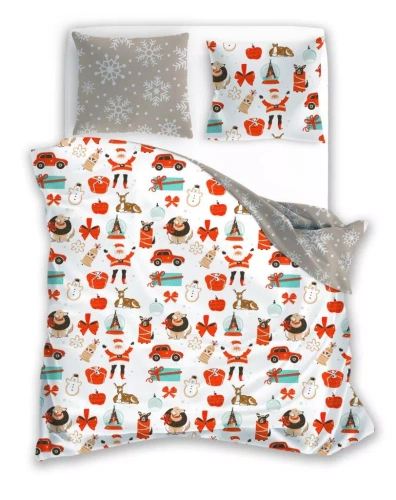 Holly Jolly 004 Pościel świąteczna Faro beżowa kolorowa – satynowa mikrofibra, komplet z zamkiem błyskawicznym