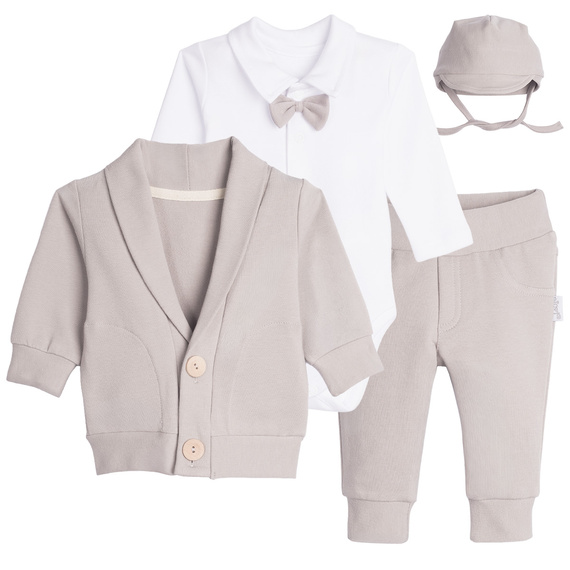 Komplet do Chrztu Nicol 169409 4-częściowy Body Muszka Bluza Spodnie Czapka