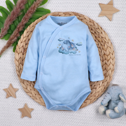 ABN-5603 Body kopertowe Nini Little Dreamers z bawełny organicznej dla niemowląt błękitne- bezniklowe napy, 100% bezpieczeństwa