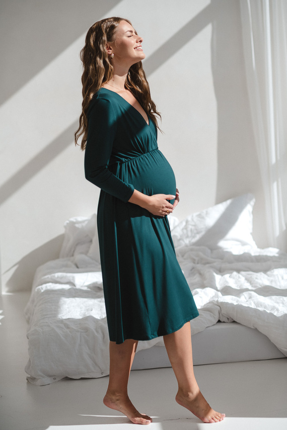 Star Light Koszula nocna ciążowa i do karmienia bambusowa 7/8 Milk&Love butelkowa zieleń– oddychająca, do szpitala, wygodne karmienie piersią