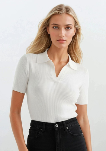 Bluzka polo Eldar Active Gessa – wiskozowa bluzka damska prążkowana- biała