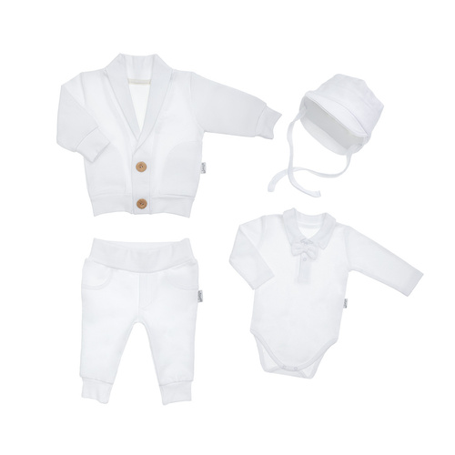 169399 Komplet chrzcielny czapka, bluza, body i spodnie Nicol - biały
