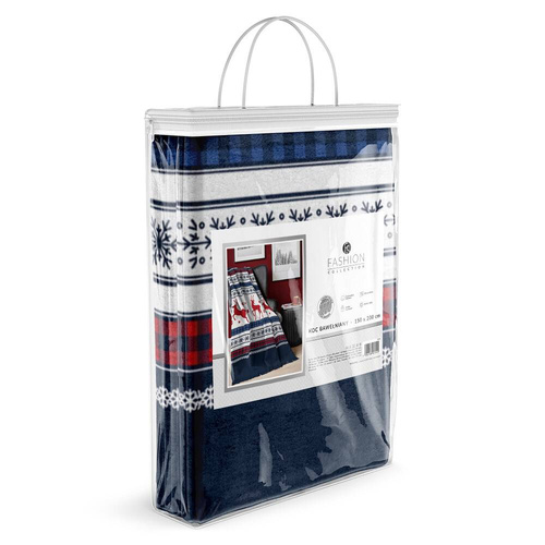 100 JB Koc świąteczny z frędzlami renifery Detexpol granatowy/czerwony