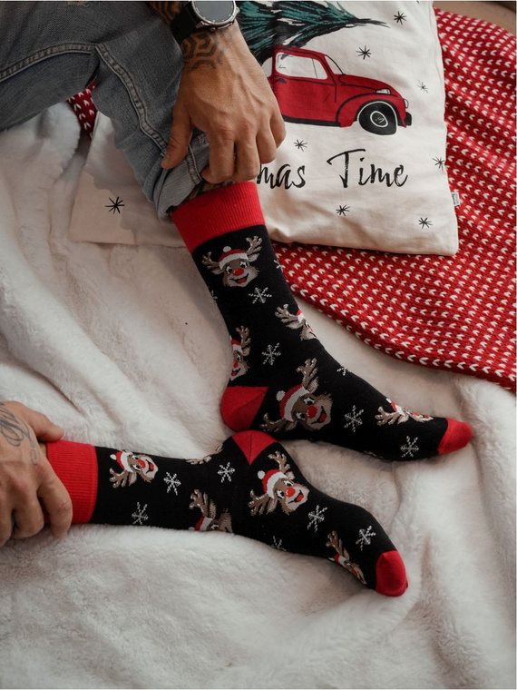1290-033 Skarpety męskie świąteczne Milena – Uśmiechnięte Renifery, czarny