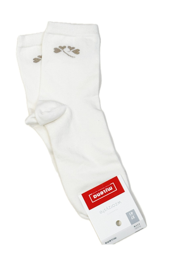 Milena 0200-178 – Damskie skarpetki bawełniane z drobnym wzorem i nitką lurex | Polska produkcja - ecru