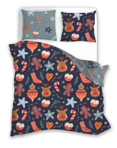 Holly Jolly 007 Pościel świąteczna Faro granatowa szara – satynowa mikrofibra, komplet z zamkiem błyskawicznym