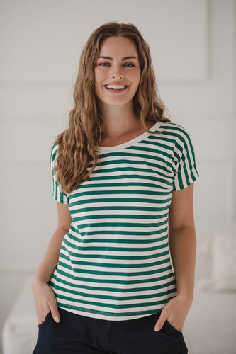 Two Ways Dwustronna bluzka ciążowa i do karmienia | Krótki rękaw, komfortowa Milk&Love zielono-białe paski
