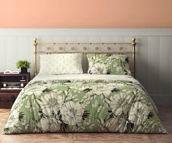 Flovery 002 Pościel bawełniana kwiaty Faro zielony