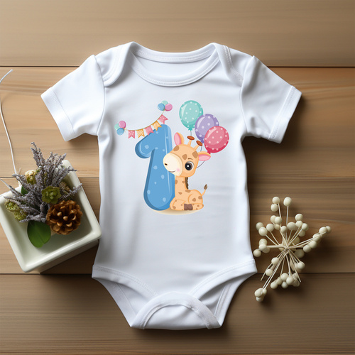 SKU A007 "ROCZEK dla dziewczynki/chłopca z żyrafą i jedynką" Body krótki rękaw Moocha biały