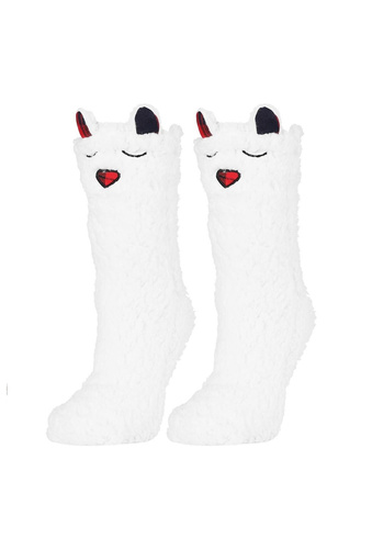 Skarpetki damskie Moraj CDC1600-001 biały różowy– puchate, z buźką i antypoślizgiem ABS