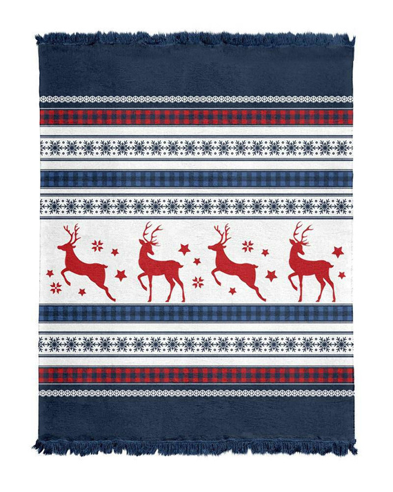 100 JB Koc świąteczny z frędzlami renifery Detexpol granatowy/czerwony