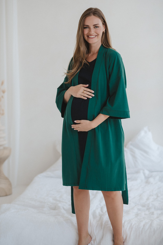 Szlafrok ciążowy Milk&Love butelkowa zieleń– bawełna z elastanem, komfortowy, rękaw 7/8
