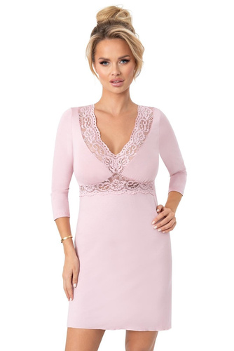 Koszula nocna Donna Margo pudrowy róż– wiskoza, koronka, rękaw 3/4, długość przed kolano