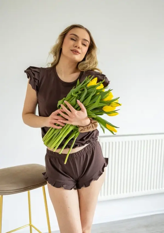 Komplet Lulu 2 Dkaren piżama damska bawełna falbanki komfort- czekoladowa