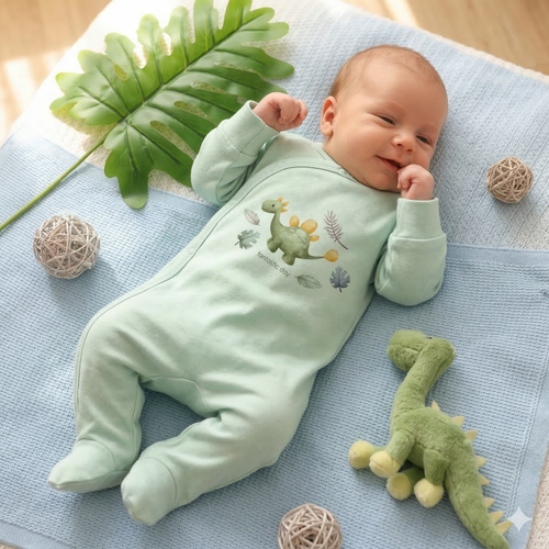 ABN-5568 Dino Explorer Pajac niemowlęcy Nini miętowy | Bawełna organiczna, zapięcie na napy