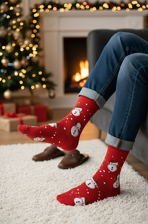 Art.136 Skarpety świąteczne męskie Steven czerwony 163 – wzory bożonarodzeniowe, bawełna