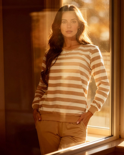 635/467 Piżama damska Cornette Molly 2 | Bawełna, paski ecru-bez spodnie z kieszeniami