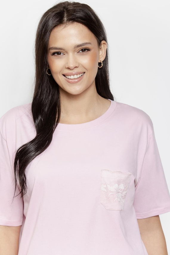 Piżama damska 3569 Adria Taro różowa – Bawełniana piżama z koronkową kieszonką, 7/8