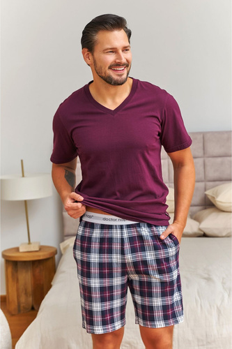 Piżama Męska Doctor Nap 7476 Bordowa Bawełniana Krata V-Neck