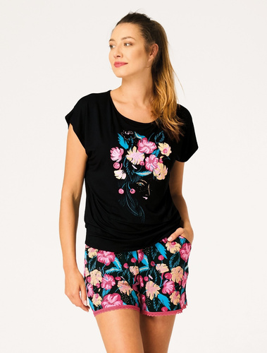 Piżama damska Key LNS 560 czarna – bambus, krótka, koronka