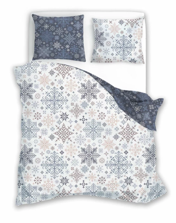 Scandic 077 Pościel świąteczna Scandic Faro biała i granatowa w śnieżynki– dwustronna bawełna 100%, zamek