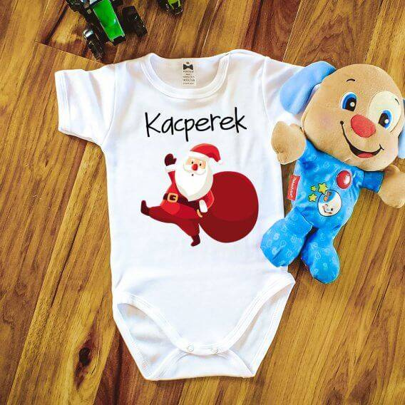 "Mikołaj z workiem + dowolne imię" Body krótki rękaw biały
