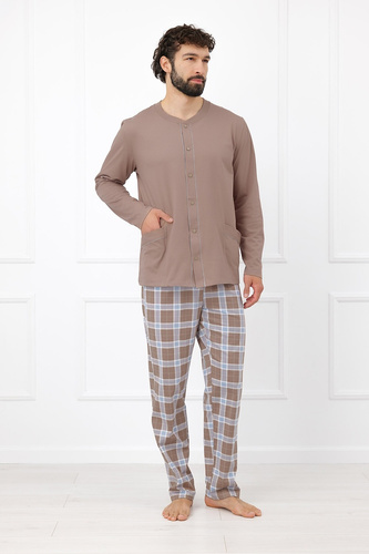 Italian Fashion Wilhelm Piżama Męska 100% Bawełna Guziki Krata - cappuccino