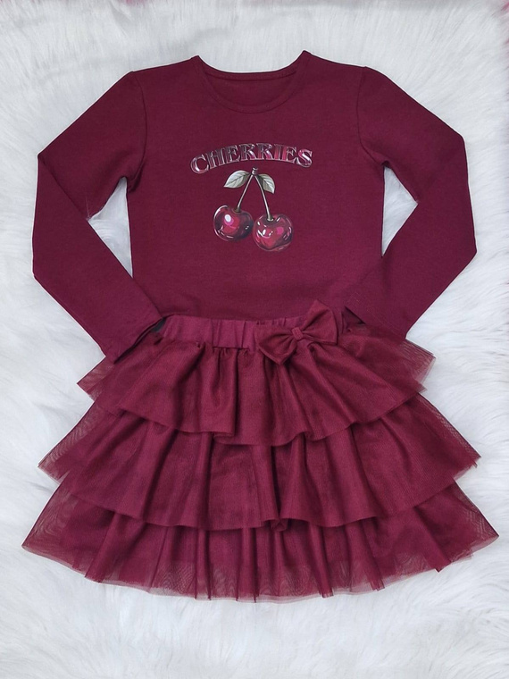 Bluzka dziewczęca Cherries Bambarillo bordowa– bawełniana, długi rękaw, z nadrukiem