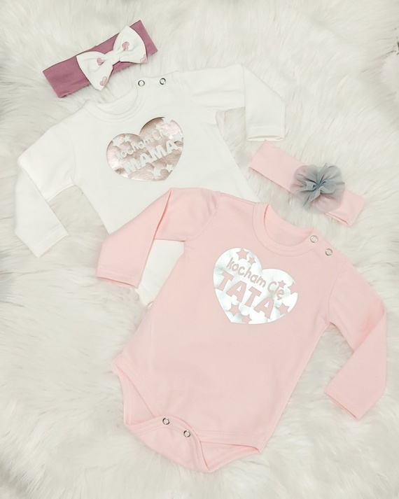 "Kocham Cię Mama" serduszko różowe Body z długim rękawem Bambarillo biały 