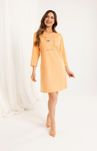 166 Koszula damska bawełniana morelowa – rękaw 3/4, nadruk, długość do kolan