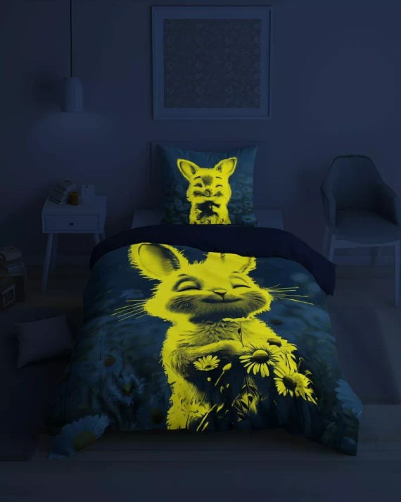 5548 A Fluo 95 Pościel świecąca w ciemności króliczek w kwiatach 100% bawełna | Dla dzieci Detexpol 