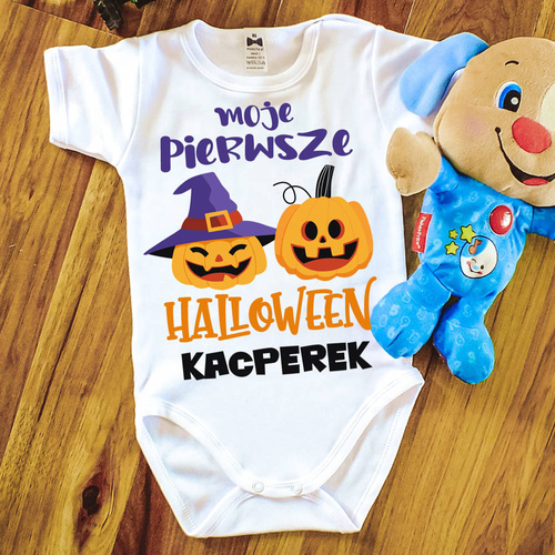 "Moje pierwsze HALLOWEEN z dowolnym imieniem" Body krótki rękaw Moocha biały