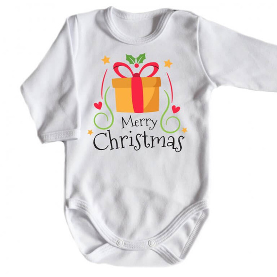 "Merry Christmas z prezentem BOŻE NARODZENIE" Body długi rękaw biały