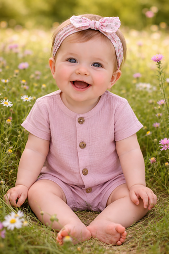 Rampers niemowlęcy Just Muslin 02235RR Makoma rose– muślin 100% bawełna, krótki rękaw