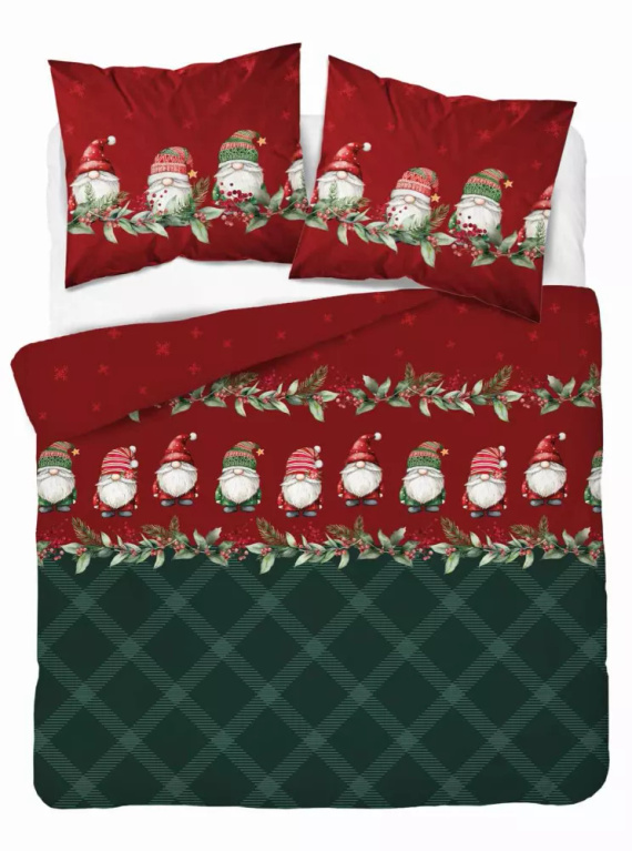 5618 B Magia Świąt Pościel flanelowa świąteczna Detexpol w skrzaty na bordowo-zielonym tle– bawełna 100%, 160 g/m², zamek, OEKO-TEX®