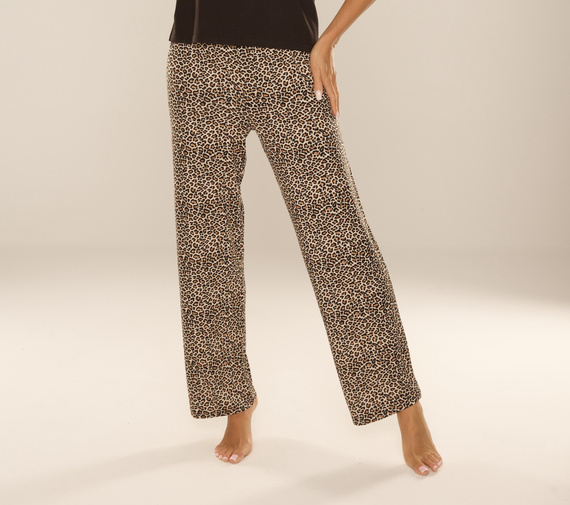 852 Kendall De Lafense – spodnie piżamowe damskie, długie, panterka, wiskoza, polska produkcja - brązowy