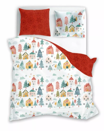 Scandic 080 Pościel świąteczna Scandic Faro biała i czerwona z kolorowymi domkami– dwustronna bawełna 100%, zamek