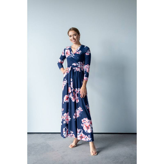 109 Wizytowa Sukienka z długim rękawem MIRACLE- granat w kwiaty