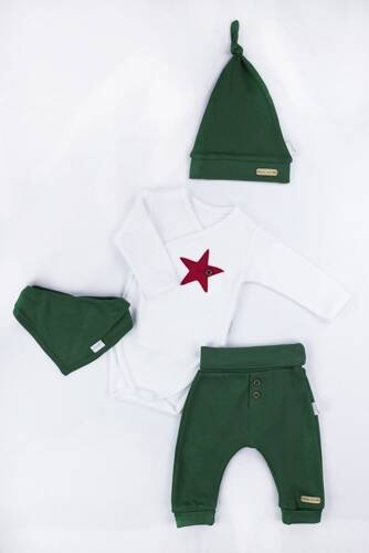 163060 Komplet czapka, body, apaszka i spodnie "Magia Świąt" Nicol - zielony / gwiazdka
