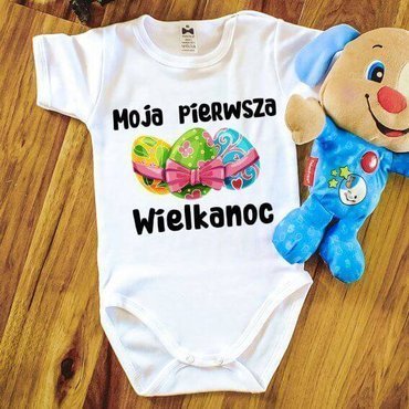 "Moja pierwsza Wielkanoc z jajeczkami" Body krótki rękaw Moocha biały 