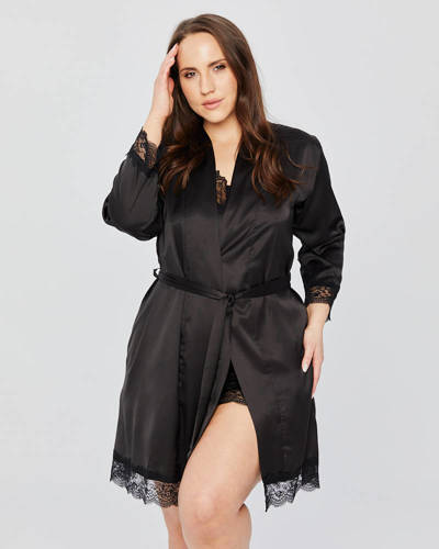 Szlafrok satynowy z koronką plus size Spaio black