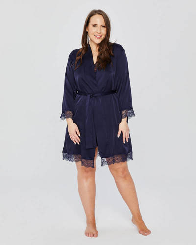 Szlafrok satynowy z koronką plus size Spaio navy blue