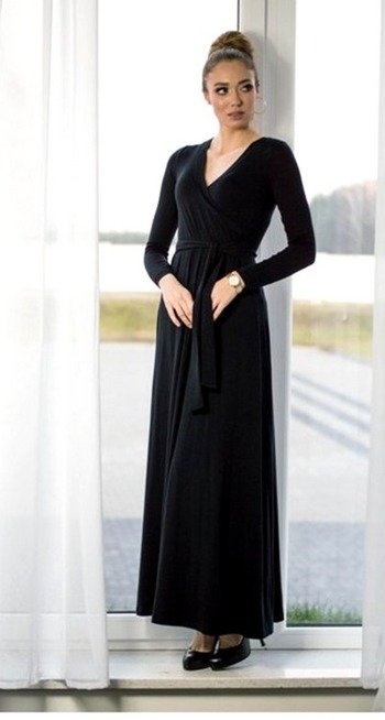 109 Wizytowa Sukienka z długim rękawem MIRACLE- czarna w kwiaty 