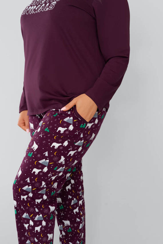 Animal Piżama Damska długi rękaw i długie spodnie talian Fashion- burgundowy/druk burgundowy