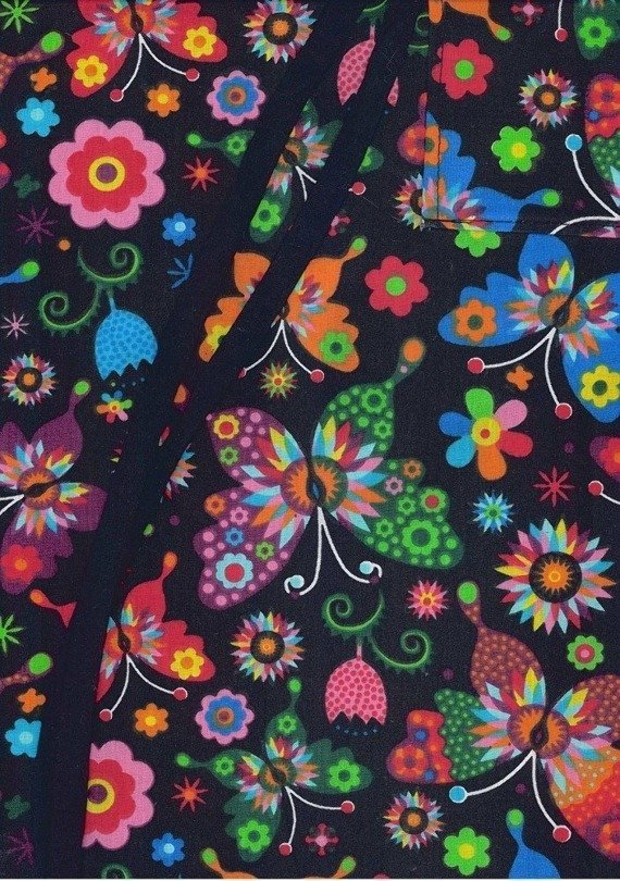 Fartuch kuchenny bawełniany Łowicki kwiaty kolorowe na czarnym tle 75x62 